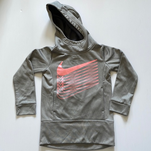 Nike dry fit hoodie.  Gray with pink-peach swoosh & detailing.  Girls size XS - Picture 1 of 11